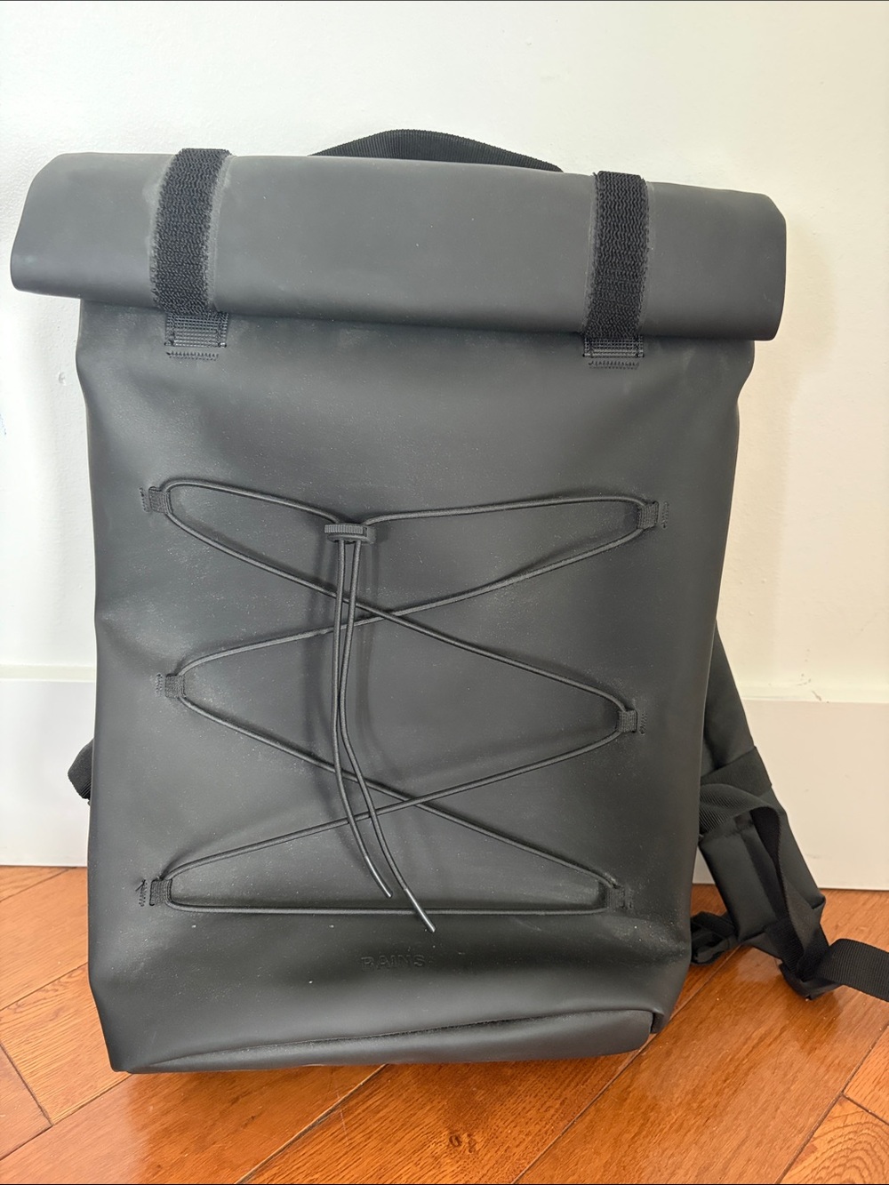Rains Black Roll-Top Backpack with Front Bungee